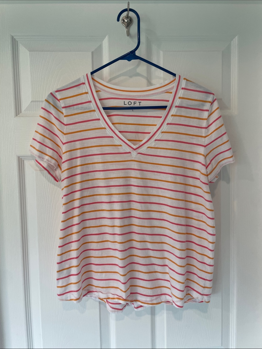 LOFT White V-Neck Tee with Pink & Orange Stripes